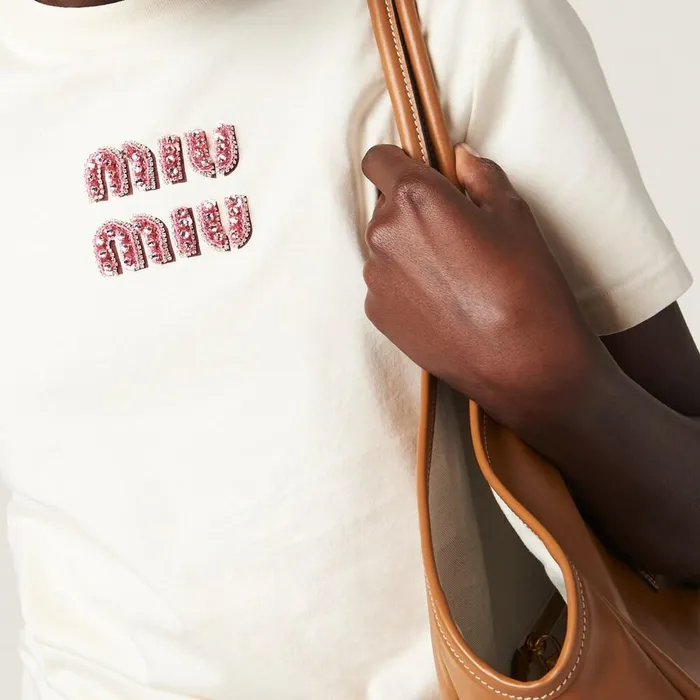 Women TShirts And Sweatshirts Miu Miu Jersey Tshirt Tan Pink Women TShirts And Sweatshirts Miu Miu Jersey Tshirt Tan Pink