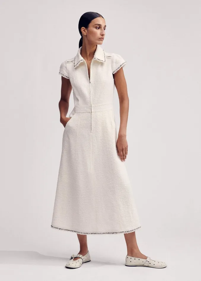 Women Textured CottonBlend Midi Dress Ivoryblack MEEM