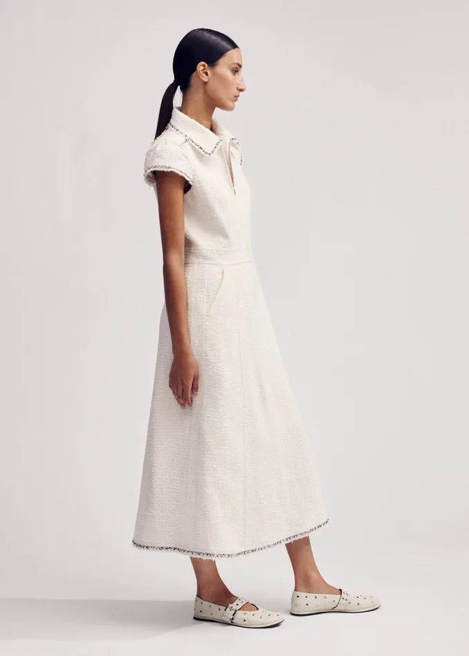 Women Textured CottonBlend Midi Dress Ivoryblack MEEM