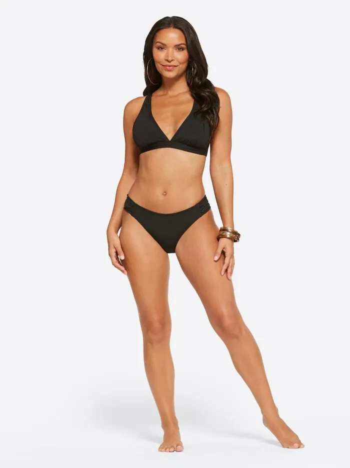 Women Textured Solids Side Shirred Hipster In Black Jessica Simpson Swim