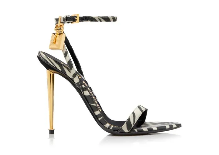 Women The Padlock Tom Ford ZebraPrint Satin Padlock Pointy Naked Sandal Black Beige