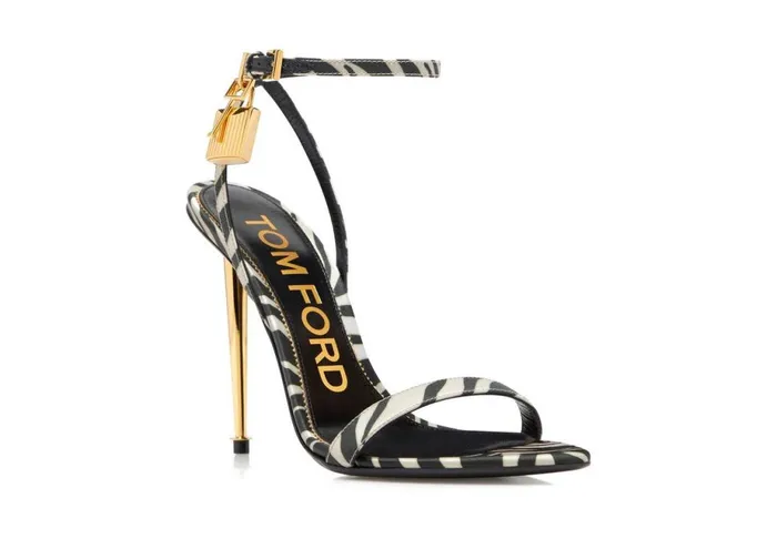 Women The Padlock Tom Ford ZebraPrint Satin Padlock Pointy Naked Sandal Black Beige Women The Padlock Tom Ford ZebraPrint Satin Padlock Pointy Naked Sandal Black Beige