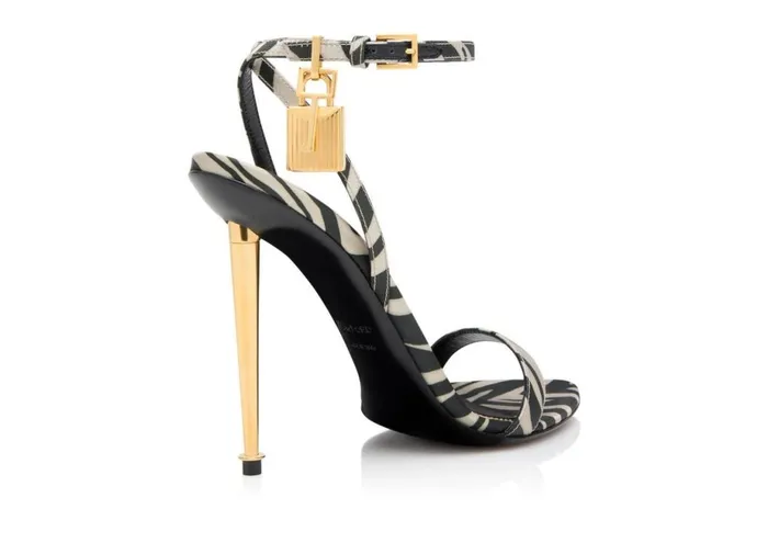 Women The Padlock Tom Ford ZebraPrint Satin Padlock Pointy Naked Sandal Black Beige Women The Padlock Tom Ford ZebraPrint Satin Padlock Pointy Naked Sandal Black Beige