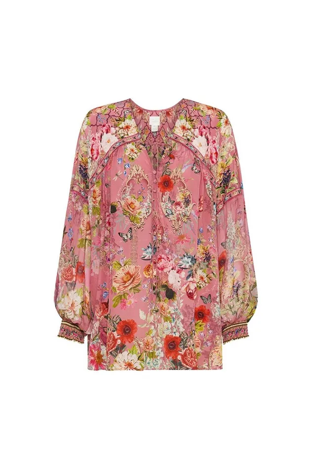 Women Tops Camilla Blouson Blouse With Neck Tie Patchwork Heart
