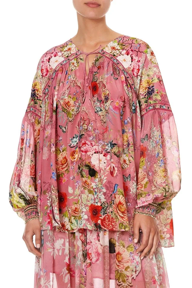 Women Tops Camilla Blouson Blouse With Neck Tie Patchwork Heart