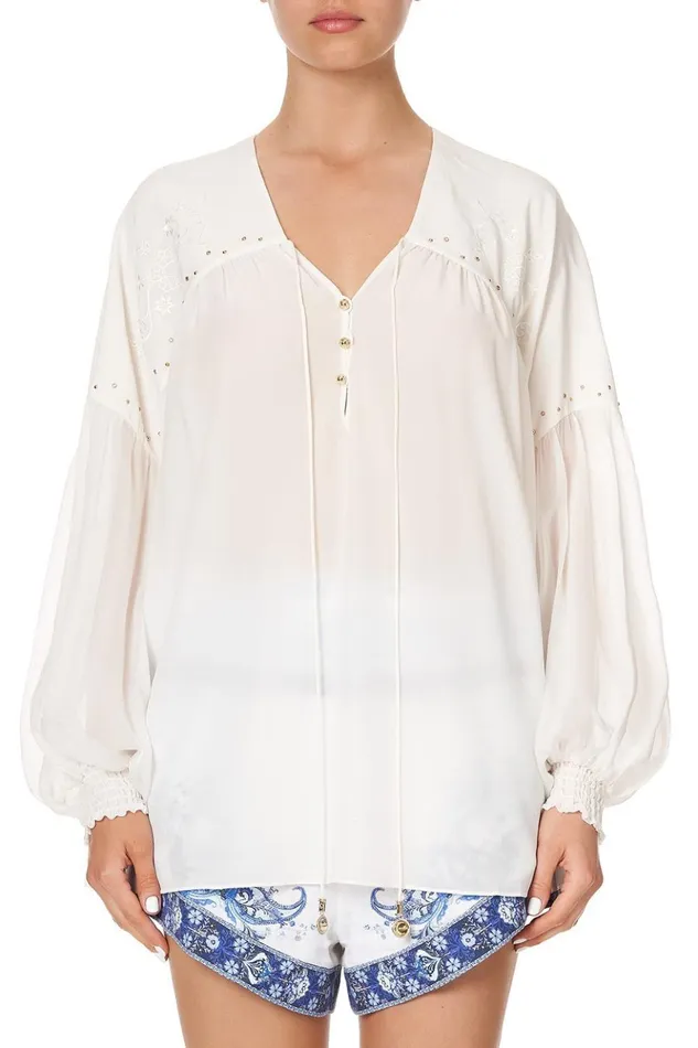 Women Tops Camilla Blouson Blouse With Neck Tie Solid White