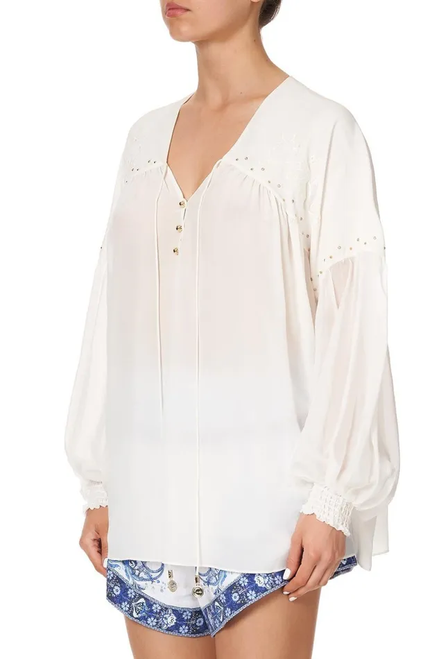 Women Tops Camilla Blouson Blouse With Neck Tie Solid White