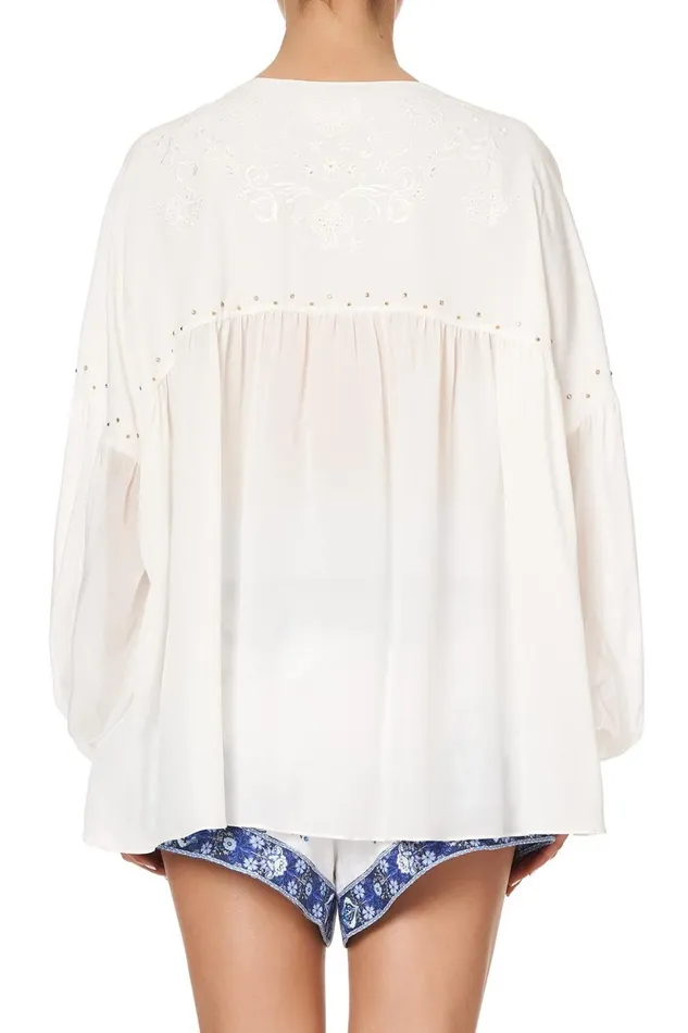 Women Tops Camilla Blouson Blouse With Neck Tie Solid White