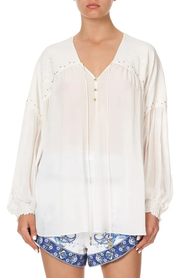 Women Tops Camilla Blouson Blouse With Neck Tie Solid White