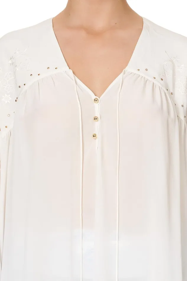 Women Tops Camilla Blouson Blouse With Neck Tie Solid White