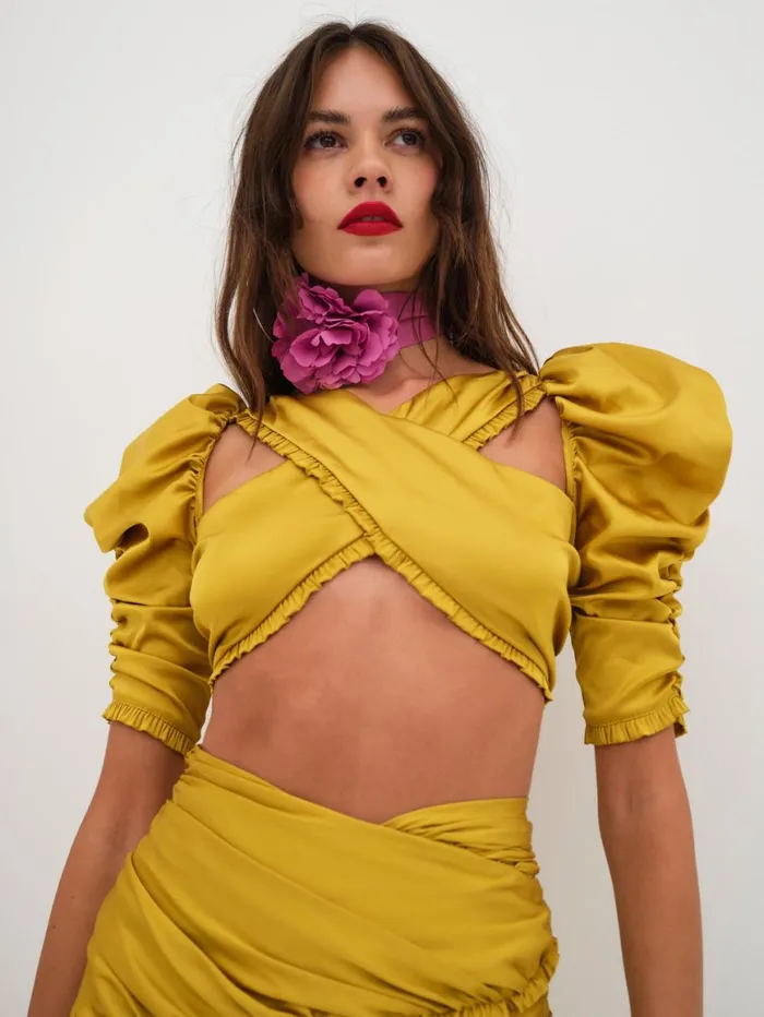 Women Tops For Love and Lemons Alia Cross Front Crop Top Yellow