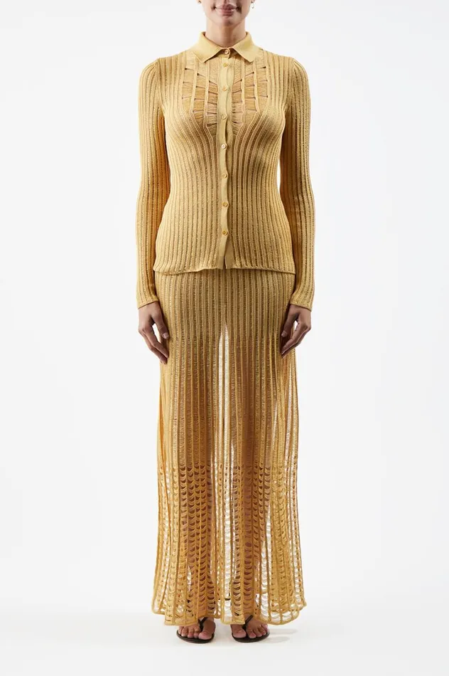 Women Tops Gabriela Hearst Aera Knit Shirt In Gold Shappe Silk