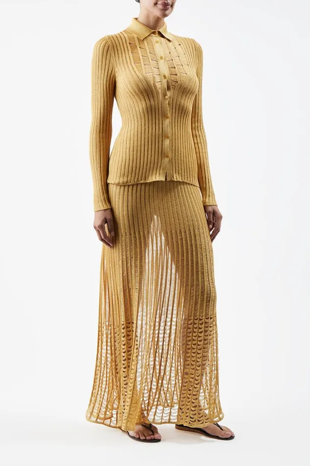 Women Tops Gabriela Hearst Aera Knit Shirt In Gold Shappe Silk