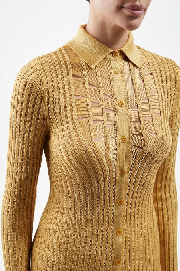 Women Tops Gabriela Hearst Aera Knit Shirt In Gold Shappe Silk