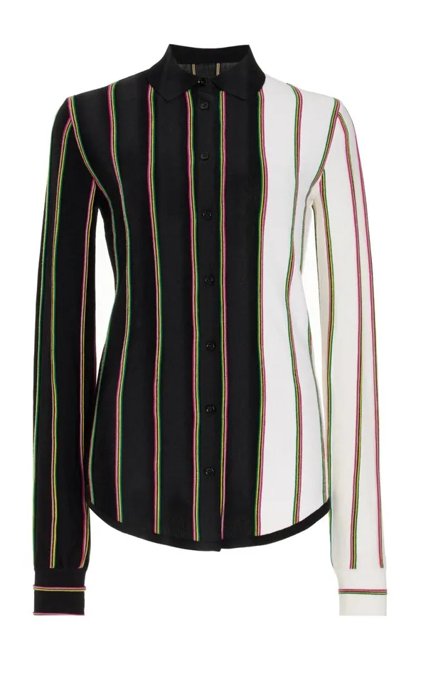 Women Tops Gabriela Hearst Tessa Knit Shirt In Navy Multi Striped Merino Wool