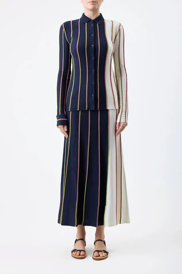 Women Tops Gabriela Hearst Tessa Knit Shirt In Navy Multi Striped Merino Wool