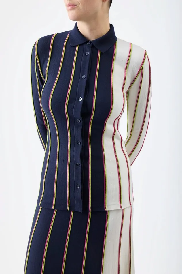 Women Tops Gabriela Hearst Tessa Knit Shirt In Navy Multi Striped Merino Wool