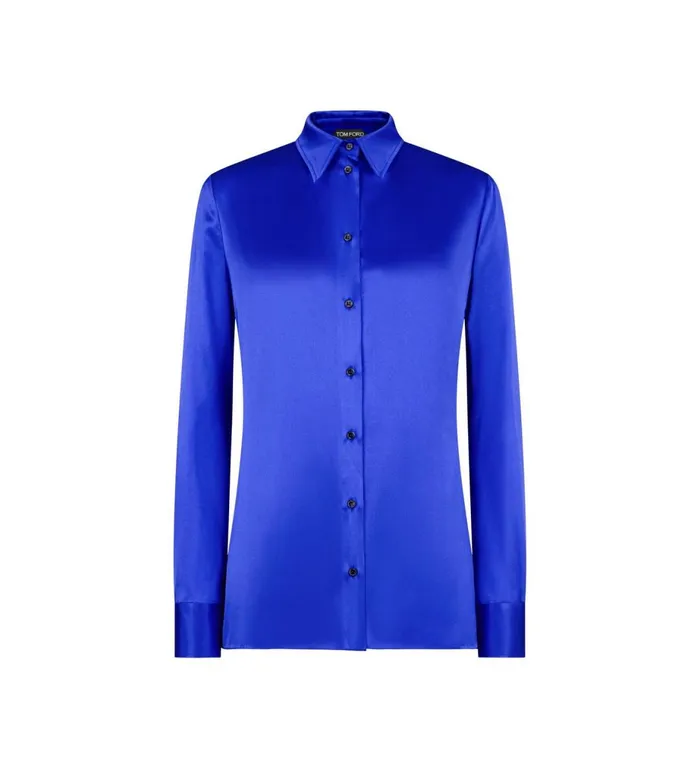 Women Tops Tom Ford Stretch Silk Satin Shirt Cobalt Blue
