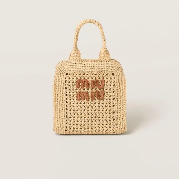 Women Totes Miu Miu Raffiaeffect Crochet Fabric Tote Bag Beigecognac