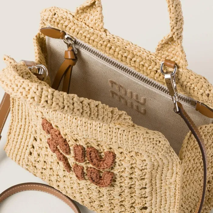 Women Totes Miu Miu Raffiaeffect Crochet Fabric Tote Bag Beigecognac Women Totes Miu Miu Raffiaeffect Crochet Fabric Tote Bag Beigecognac