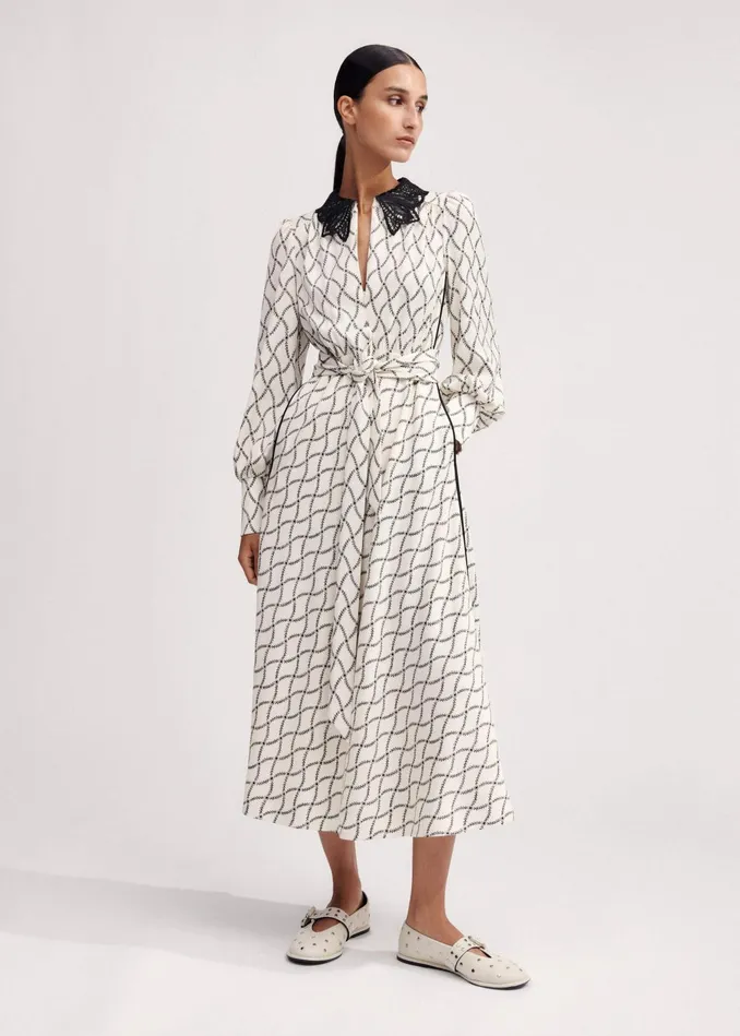 Women Trellis Floral Print Midi Dress Belt Light Creamblack MEEM