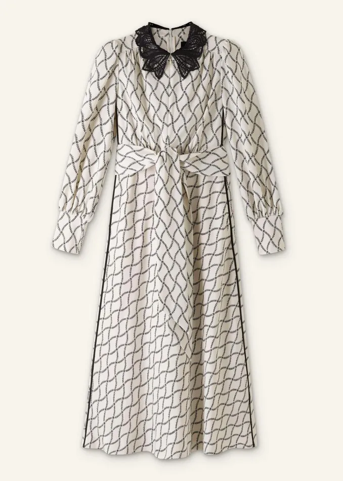 Women Trellis Floral Print Midi Dress Belt Light Creamblack MEEM