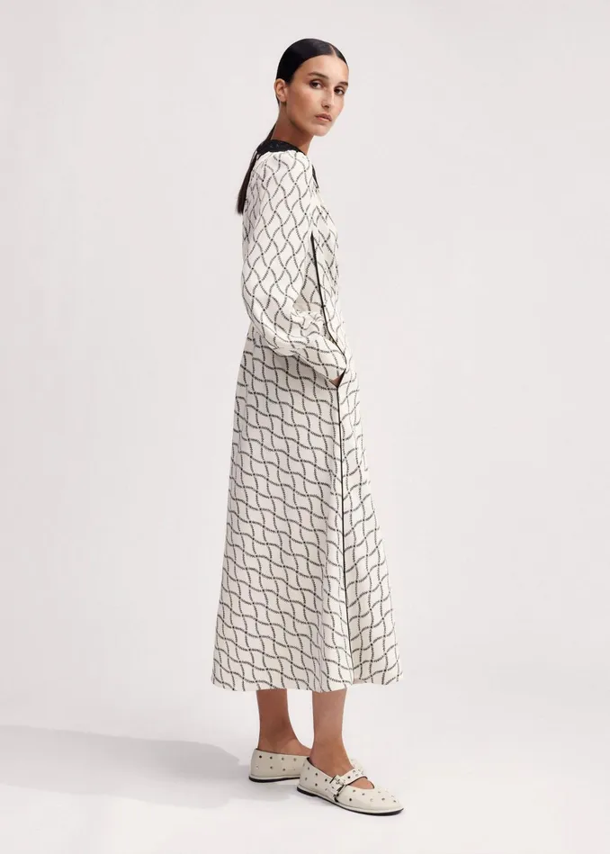 Women Trellis Floral Print Midi Dress Belt Light Creamblack MEEM