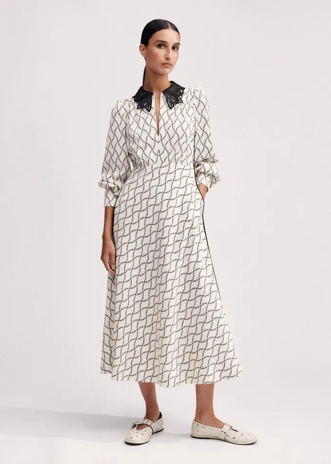 Women Trellis Floral Print Midi Dress Belt Light Creamblack MEEM