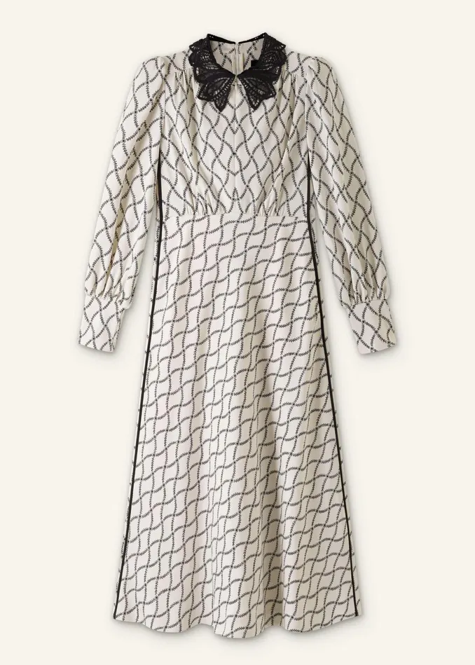 Women Trellis Floral Print Midi Dress Belt Light Creamblack MEEM