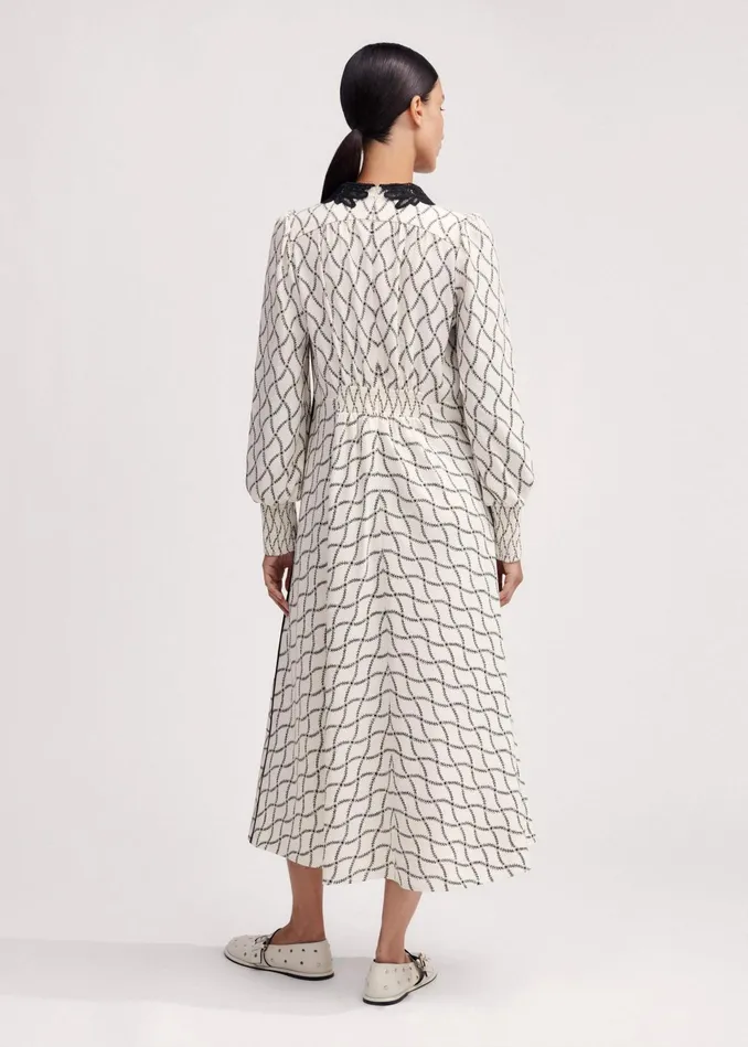 Women Trellis Floral Print Midi Dress Belt Light Creamblack MEEM
