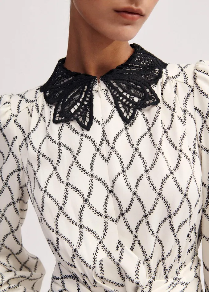Women Trellis Floral Print Midi Dress Belt Light Creamblack MEEM