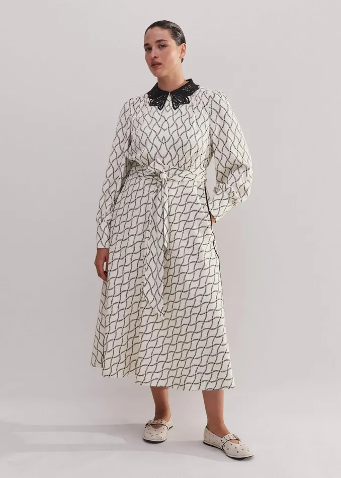 Women Trellis Floral Print Midi Dress Belt Light Creamblack MEEM