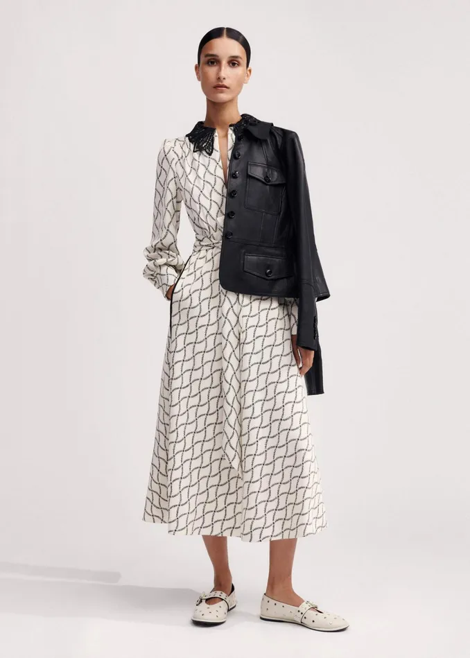 Women Trellis Floral Print Midi Dress Belt Light Creamblack MEEM