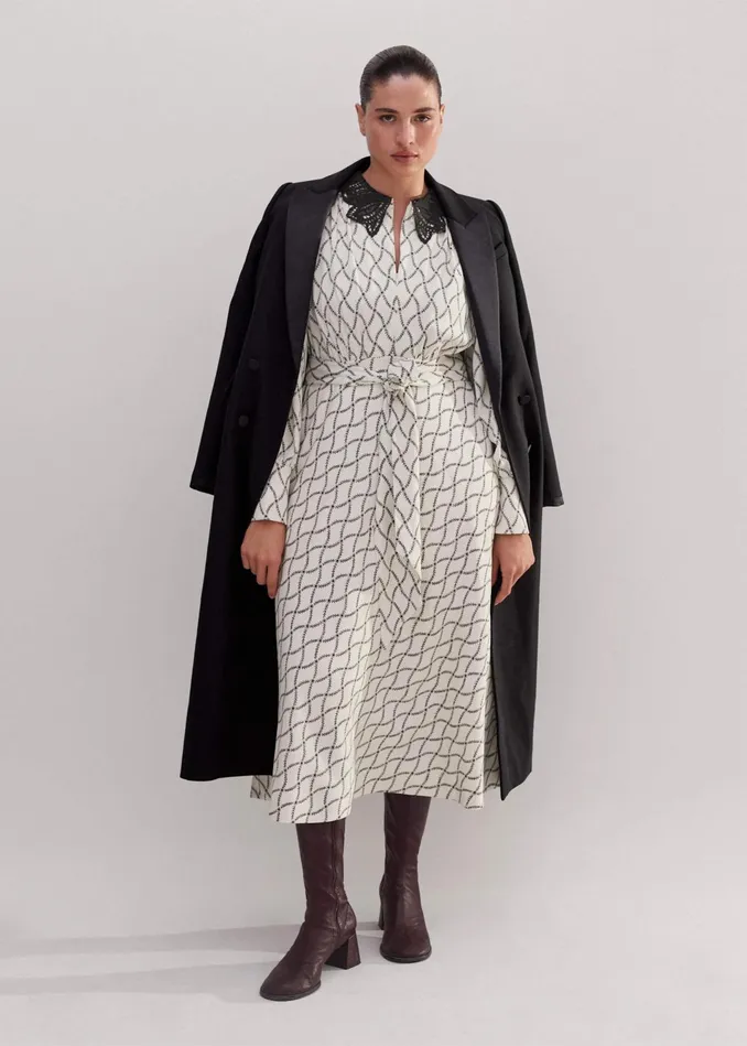 Women Trellis Floral Print Midi Dress Belt Light Creamblack MEEM