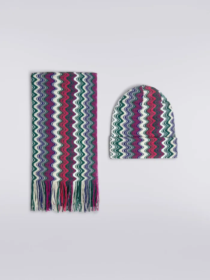 Women TwoPiece Wool Blend Scarf And Beanie Set Multicoloured Missoni Scarves and Foulards