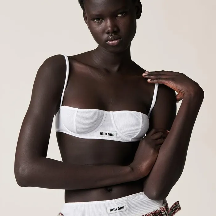 Women Underwear And Beachwear Miu Miu Ribbed Knit Demi Bra White Women Underwear And Beachwear Miu Miu Ribbed Knit Demi Bra White