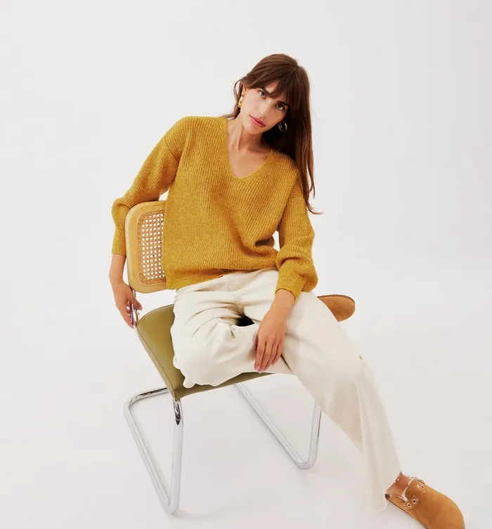 Women VNeck Ribbed Jumper 8211 Yellow Promod Jumpers And Cardigans