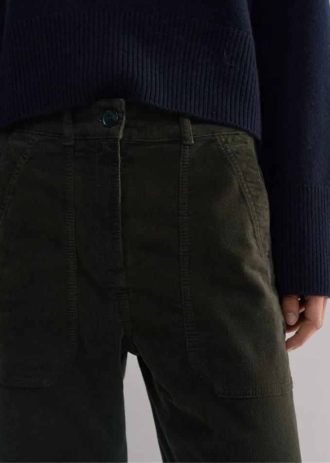 Women Washed Velvet EngineeredLeg Pant Wren Green MEEM