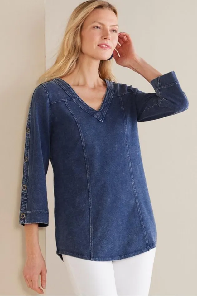 Women Wilma Washed Knit Denim Tunic Denim Blue Soft Surroundings Tops