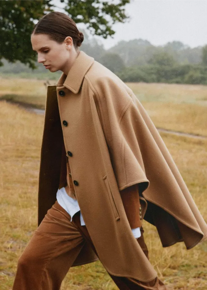Women WoolBlend Engineered Seam Cape Coat Deep Camel MEEM