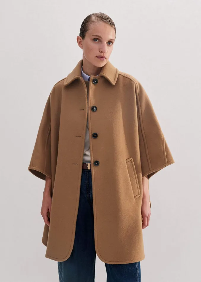 Women WoolBlend Engineered Seam Cape Coat Deep Camel MEEM