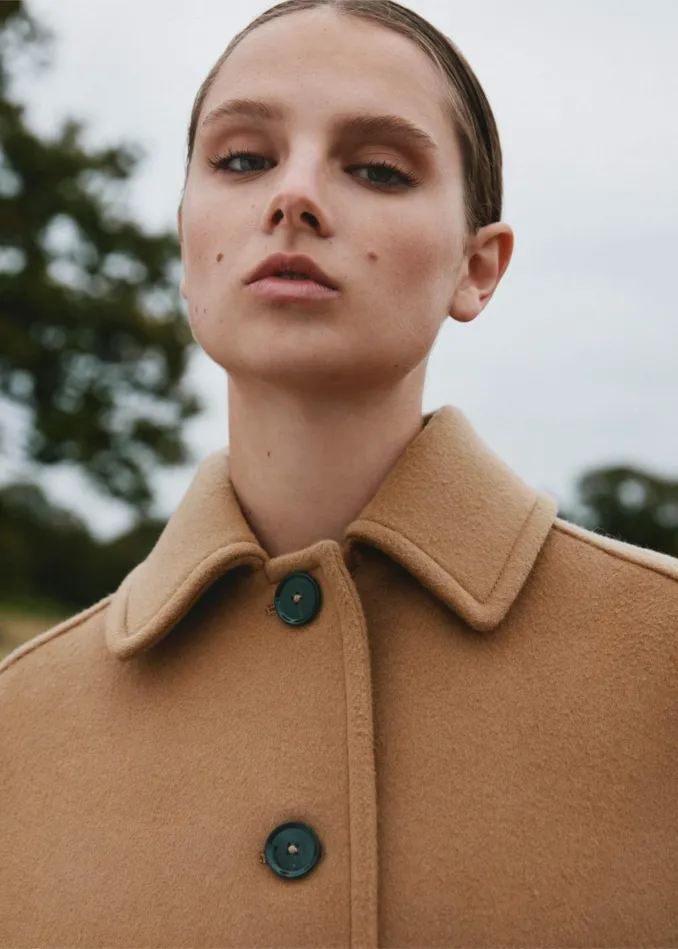 Women WoolBlend Engineered Seam Cape Coat Deep Camel MEEM