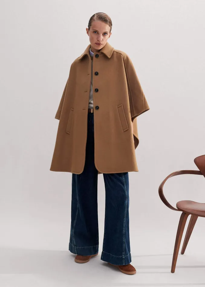 Women WoolBlend Engineered Seam Cape Coat Deep Camel MEEM