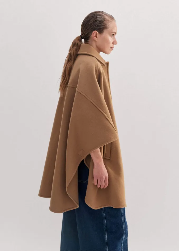 Women WoolBlend Engineered Seam Cape Coat Deep Camel MEEM