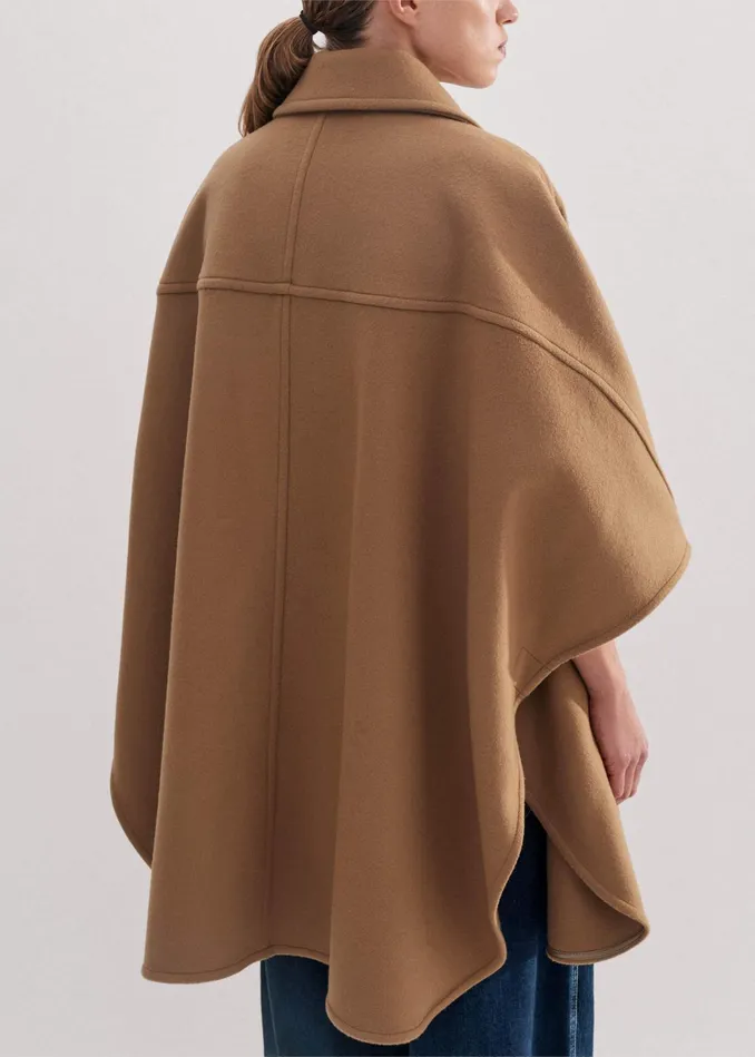 Women WoolBlend Engineered Seam Cape Coat Deep Camel MEEM