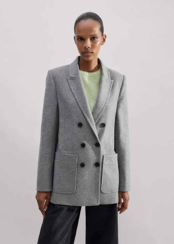 Women WoolBlend Herringbone Relaxed Jacket Grey MEEM