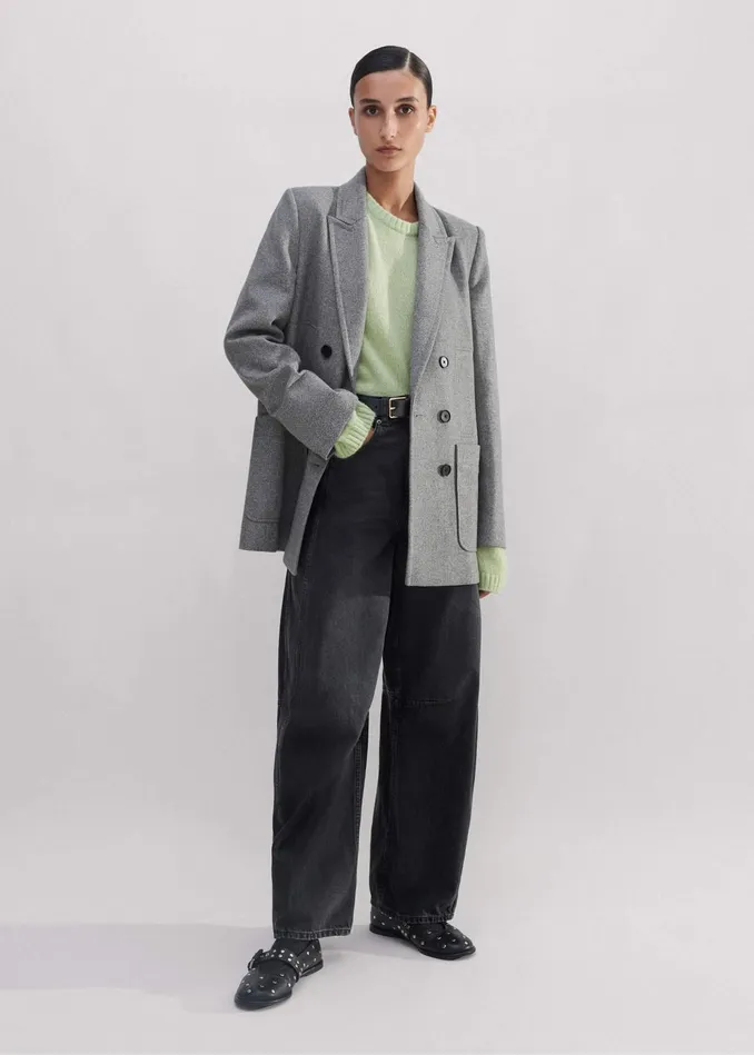 Women WoolBlend Herringbone Relaxed Jacket Grey MEEM