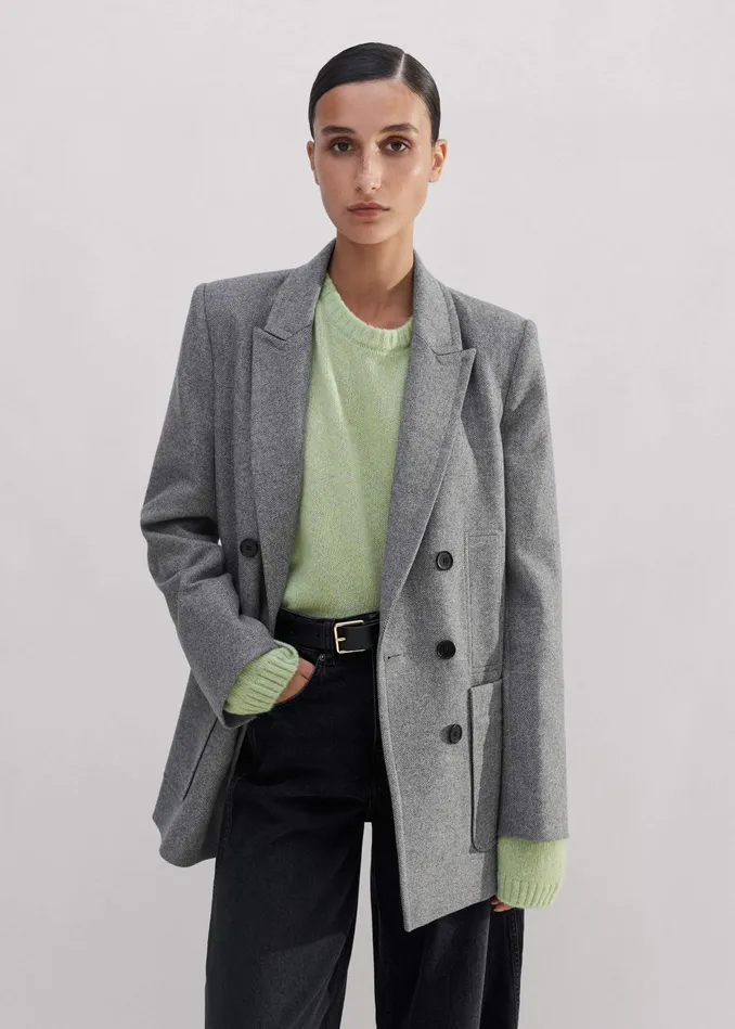 Women WoolBlend Herringbone Relaxed Jacket Grey MEEM