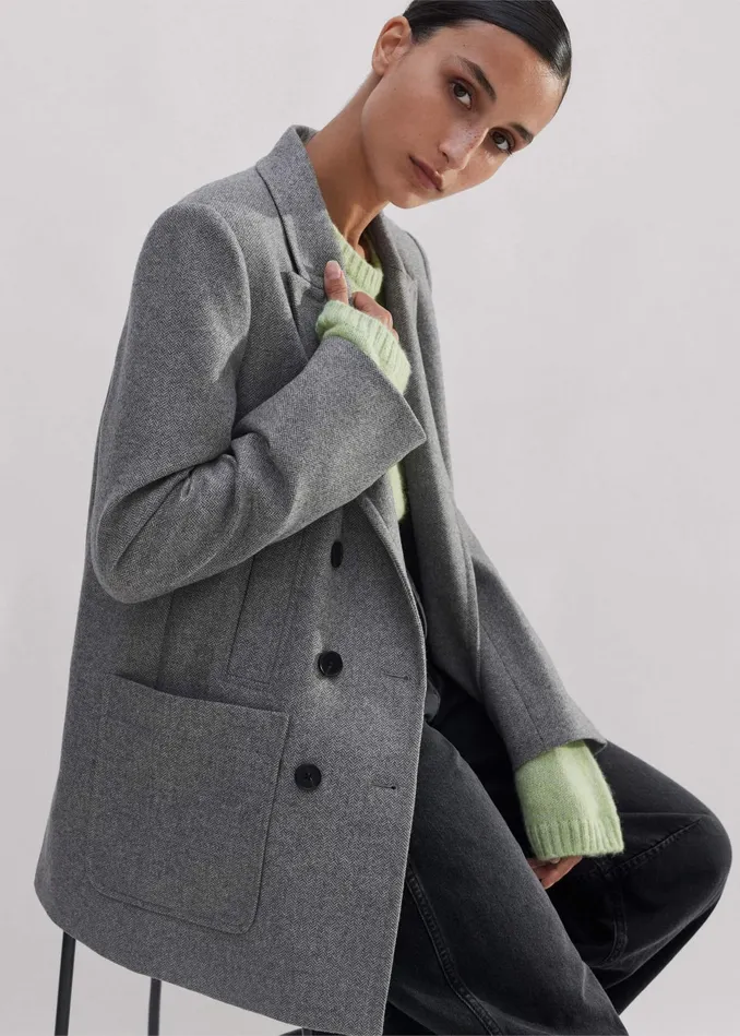 Women WoolBlend Herringbone Relaxed Jacket Grey MEEM