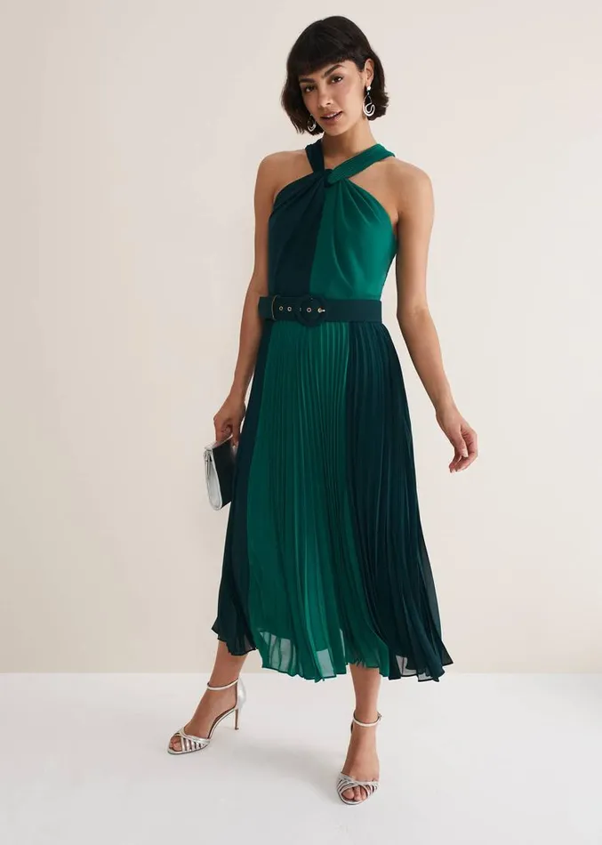 Xenia Pleated Midi Dress Bright Green Women Phase Eight Dresses
